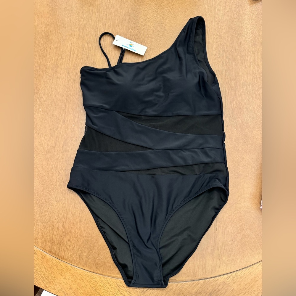 Black One Shoulder One Piece Bathing Suit with Mesh Detail